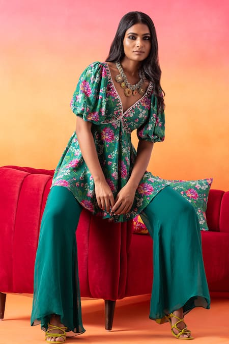 Buy Seema Thukral Green Crepe, Organza V-neck Floral Print Short Tunic With Flared Pant Online at Aza Fashions Buy_Seema Thukral_Green Crepe, Organza V-neck Floral Print Short Tunic With Flared Pant _Online_at_Aza_Fashions