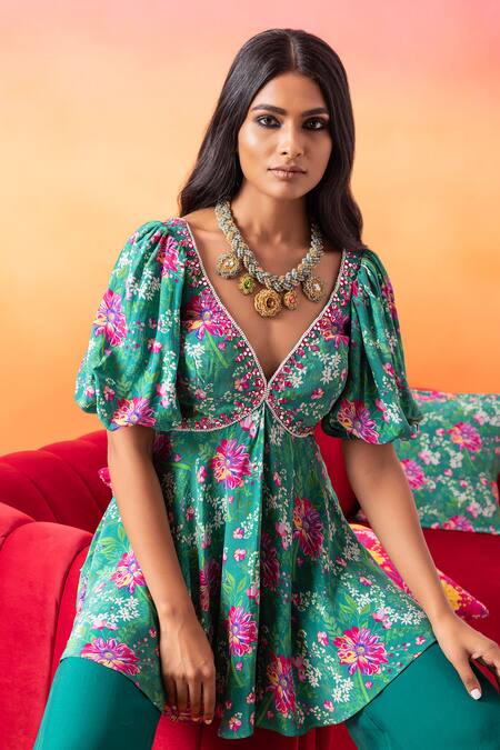 Shop Seema Thukral Green Crepe, Organza V-neck Floral Print Short Tunic With Flared Pant Online at Aza Fashions Shop_Seema Thukral_Green Crepe, Organza V-neck Floral Print Short Tunic With Flared Pant _Online_at_Aza_Fashions
