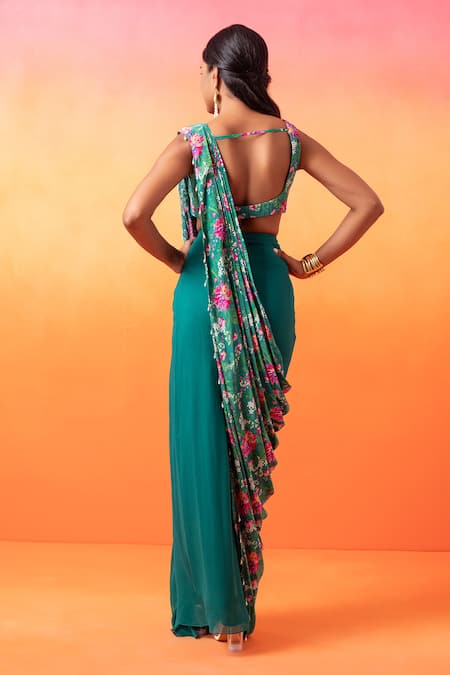 Shop Seema Thukral Green Crepe, Satin, Georgette Mirrors, Floral Print Pre-stitched Saree Set at Aza Fashions Shop_Seema Thukral_Green Crepe, Satin, Georgette Mirrors, Floral Print Pre-stitched Saree Set _at_Aza_Fashions