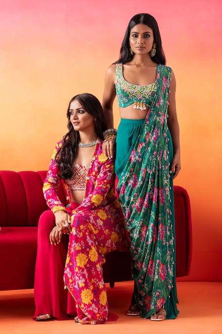 Seema Thukral Green Crepe, Satin, Georgette Mirrors, Floral Print Pre-stitched Saree Set Online at Aza Fashions Seema Thukral_Green Crepe, Satin, Georgette Mirrors, Floral Print Pre-stitched Saree Set _Online_at_Aza_Fashions