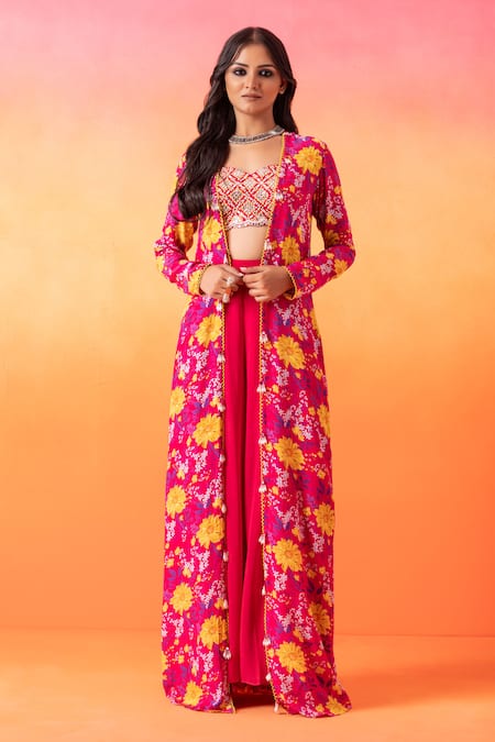Seema Thukral Pink Georgette, Crepe Sequins, Mirrors, Floral Print Jacket And Pant Set Online at Aza Fashions Seema Thukral_Pink Georgette, Crepe Sequins, Mirrors, Floral Print Jacket And Pant Set _Online_at_Aza_Fashions
