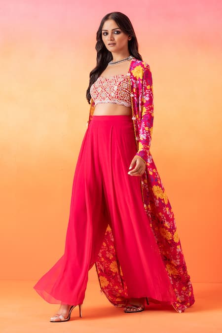 Buy Seema Thukral Pink Georgette, Crepe Sequins, Mirrors, Floral Print Jacket And Pant Set Online at Aza Fashions Buy_Seema Thukral_Pink Georgette, Crepe Sequins, Mirrors, Floral Print Jacket And Pant Set _Online_at_Aza_Fashions