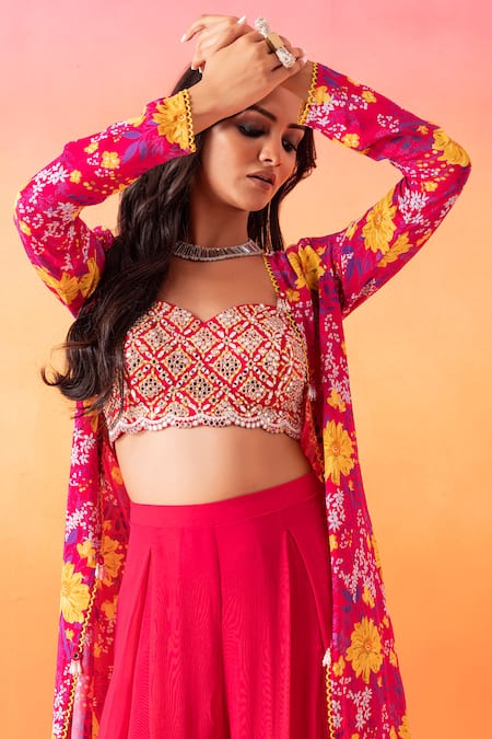 Shop Seema Thukral Pink Georgette, Crepe Sequins, Mirrors, Floral Print Jacket And Pant Set Online at Aza Fashions Shop_Seema Thukral_Pink Georgette, Crepe Sequins, Mirrors, Floral Print Jacket And Pant Set _Online_at_Aza_Fashions