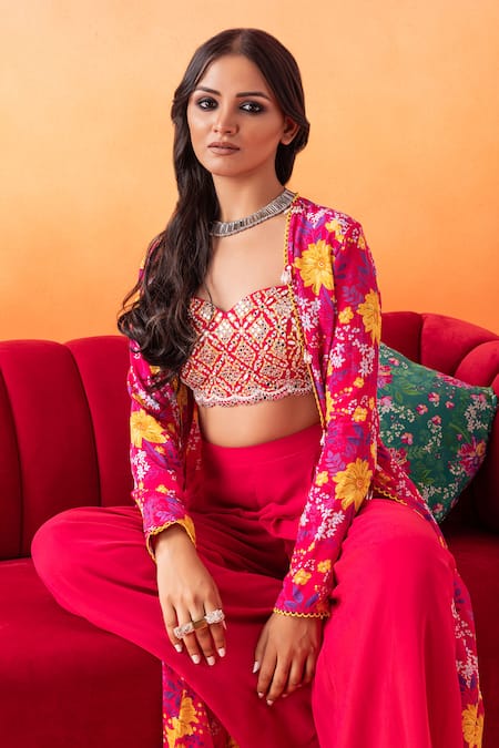 Seema Thukral Pink Georgette, Crepe Sequins, Mirrors, Floral Print Jacket And Pant Set at Aza Fashions Seema Thukral_Pink Georgette, Crepe Sequins, Mirrors, Floral Print Jacket And Pant Set _at_Aza_Fashions
