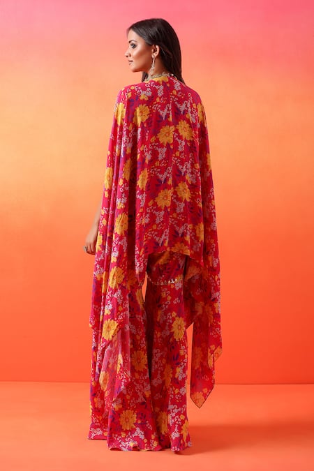 Shop Seema Thukral Pink Georgette, Crepe Embroidery, Mirrors Round Floral Print Cape And Gharara Set at Aza Fashions Shop_Seema Thukral_Pink Georgette, Crepe Embroidery, Mirrors Round Floral Print Cape And Gharara Set _at_Aza_Fashions