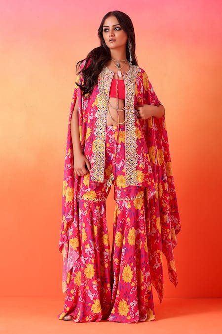 Buy Seema Thukral Pink Georgette, Crepe Embroidery, Mirrors Round Floral Print Cape And Gharara Set Online at Aza Fashions Buy_Seema Thukral_Pink Georgette, Crepe Embroidery, Mirrors Round Floral Print Cape And Gharara Set _Online_at_Aza_Fashions