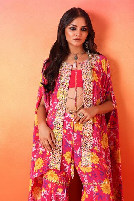 Shop Seema Thukral Pink Georgette, Crepe Embroidery, Mirrors Round Floral Print Cape And Gharara Set Online at Aza Fashions Shop_Seema Thukral_Pink Georgette, Crepe Embroidery, Mirrors Round Floral Print Cape And Gharara Set _Online_at_Aza_Fashions