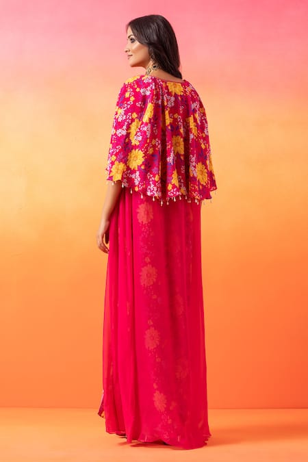 Shop Seema Thukral Pink Georgette, Crepe Tassels V-neck Floral Print Cape And Skirt Set at Aza Fashions Shop_Seema Thukral_Pink Georgette, Crepe Tassels V-neck Floral Print Cape And Skirt Set _at_Aza_Fashions