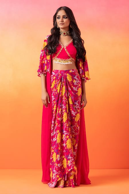 Seema Thukral Pink Georgette, Crepe Tassels V-neck Floral Print Cape And Skirt Set Online at Aza Fashions Seema Thukral_Pink Georgette, Crepe Tassels V-neck Floral Print Cape And Skirt Set _Online_at_Aza_Fashions