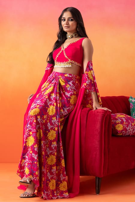 Shop Seema Thukral Pink Georgette, Crepe Tassels V-neck Floral Print Cape And Skirt Set Online at Aza Fashions Shop_Seema Thukral_Pink Georgette, Crepe Tassels V-neck Floral Print Cape And Skirt Set _Online_at_Aza_Fashions