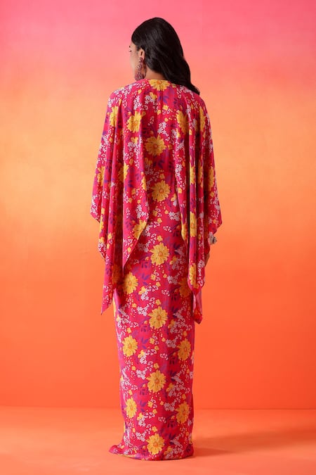 Seema Thukral Pink Crepe, Satin Embroidery V-neck Floral Print Maxi Dress Online at Aza Fashions Seema Thukral_Pink Crepe, Satin Embroidery V-neck Floral Print Maxi Dress _Online_at_Aza_Fashions