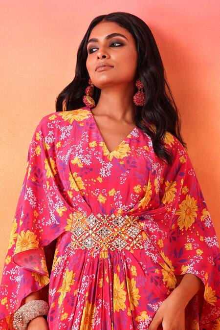 Shop Seema Thukral Pink Crepe, Satin Embroidery V-neck Floral Print Maxi Dress Online at Aza Fashions Shop_Seema Thukral_Pink Crepe, Satin Embroidery V-neck Floral Print Maxi Dress _Online_at_Aza_Fashions