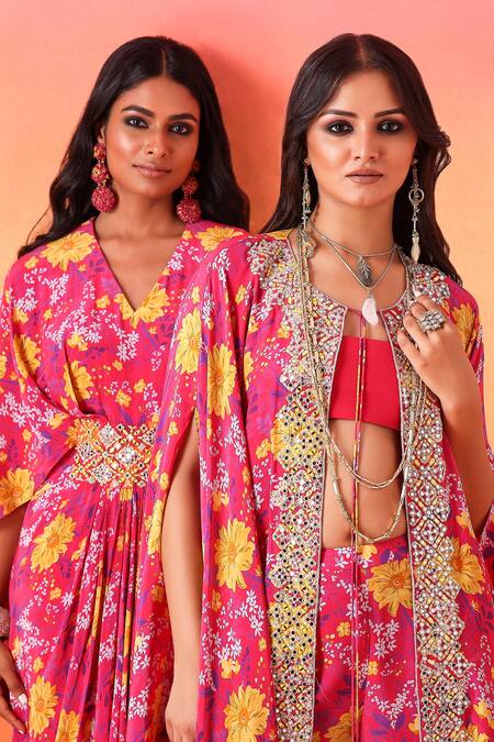 Seema Thukral Pink Crepe, Satin Embroidery V-neck Floral Print Maxi Dress at Aza Fashions Seema Thukral_Pink Crepe, Satin Embroidery V-neck Floral Print Maxi Dress _at_Aza_Fashions
