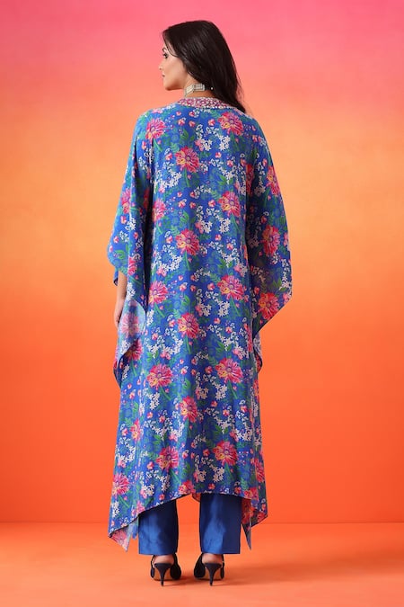 Shop Seema Thukral Blue Crepe, Chanderi Embroidery V-neck Floral Print Kaftan With Pant at Aza Fashions Shop_Seema Thukral_Blue Crepe, Chanderi Embroidery V-neck Floral Print Kaftan With Pant _at_Aza_Fashions