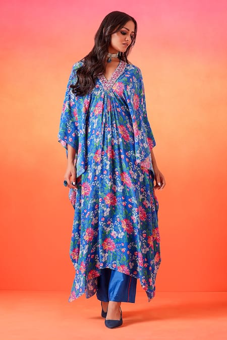 Seema Thukral Blue Crepe, Chanderi Embroidery V-neck Floral Print Kaftan With Pant Online at Aza Fashions Seema Thukral_Blue Crepe, Chanderi Embroidery V-neck Floral Print Kaftan With Pant _Online_at_Aza_Fashions