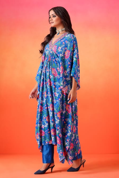Buy Seema Thukral Blue Crepe, Chanderi Embroidery V-neck Floral Print Kaftan With Pant Online at Aza Fashions Buy_Seema Thukral_Blue Crepe, Chanderi Embroidery V-neck Floral Print Kaftan With Pant _Online_at_Aza_Fashions