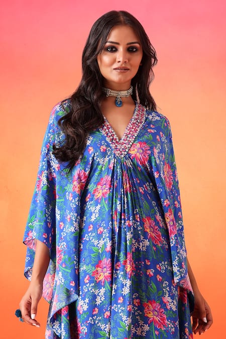 Shop Seema Thukral Blue Crepe, Chanderi Embroidery V-neck Floral Print Kaftan With Pant Online at Aza Fashions Shop_Seema Thukral_Blue Crepe, Chanderi Embroidery V-neck Floral Print Kaftan With Pant _Online_at_Aza_Fashions