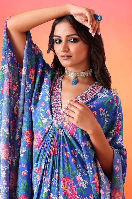 Seema Thukral Blue Crepe, Chanderi Embroidery V-neck Floral Print Kaftan With Pant at Aza Fashions Seema Thukral_Blue Crepe, Chanderi Embroidery V-neck Floral Print Kaftan With Pant _at_Aza_Fashions