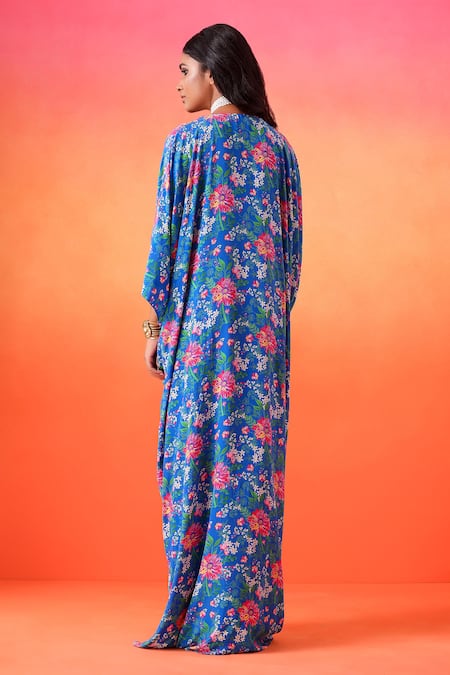 Shop Seema Thukral Blue Crepe, Satin Mirrors V-neck Floral Print Draped Kaftan at Aza Fashions Shop_Seema Thukral_Blue Crepe, Satin Mirrors V-neck Floral Print Draped Kaftan _at_Aza_Fashions