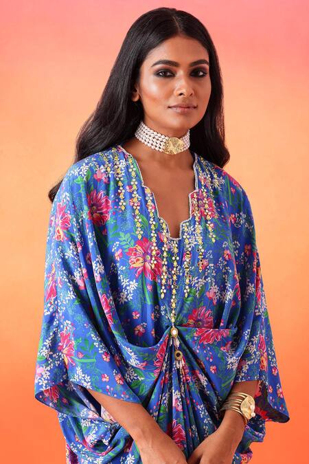 Seema Thukral Blue Crepe, Satin Mirrors V-neck Floral Print Draped Kaftan Online at Aza Fashions Seema Thukral_Blue Crepe, Satin Mirrors V-neck Floral Print Draped Kaftan _Online_at_Aza_Fashions