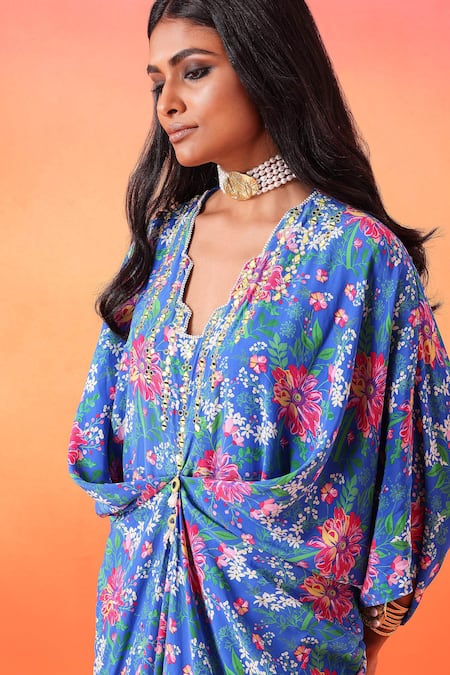 Buy Seema Thukral Blue Crepe, Satin Mirrors V-neck Floral Print Draped Kaftan Online at Aza Fashions Buy_Seema Thukral_Blue Crepe, Satin Mirrors V-neck Floral Print Draped Kaftan _Online_at_Aza_Fashions