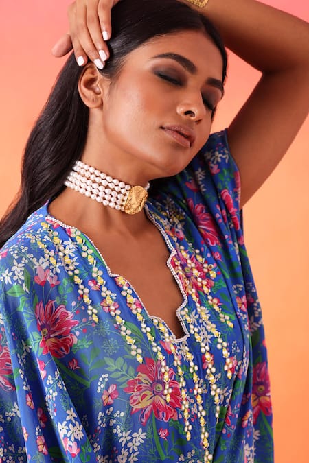 Shop Seema Thukral Blue Crepe, Satin Mirrors V-neck Floral Print Draped Kaftan Online at Aza Fashions Shop_Seema Thukral_Blue Crepe, Satin Mirrors V-neck Floral Print Draped Kaftan _Online_at_Aza_Fashions