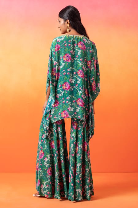 Shop Seema Thukral Green Crepe, Satin Embroidery V-neck Flower Print Kaftan With Gharara at Aza Fashions Shop_Seema Thukral_Green Crepe, Satin Embroidery V-neck Flower Print Kaftan With Gharara _at_Aza_Fashions