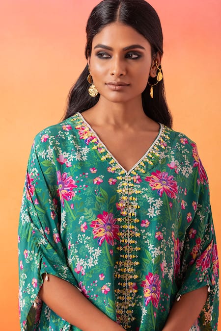 Seema Thukral Green Crepe, Satin Embroidery V-neck Flower Print Kaftan With Gharara Online at Aza Fashions Seema Thukral_Green Crepe, Satin Embroidery V-neck Flower Print Kaftan With Gharara _Online_at_Aza_Fashions