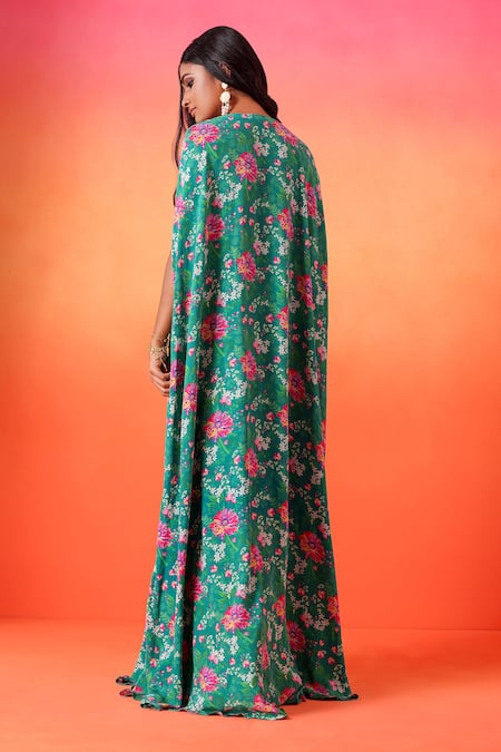 Seema Thukral Green Crepe, Satin V-neck Flower Print Kaftan Online at Aza Fashions Seema Thukral_Green Crepe, Satin V-neck Flower Print Kaftan _Online_at_Aza_Fashions
