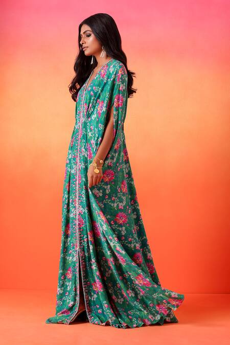 Shop Seema Thukral Green Crepe, Satin V-neck Flower Print Kaftan Online at Aza Fashions Shop_Seema Thukral_Green Crepe, Satin V-neck Flower Print Kaftan _Online_at_Aza_Fashions