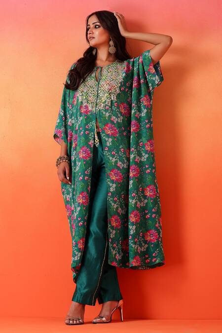 Seema Thukral Green Crepe, Chanderi Round Neck Floral Bloom Print Kaftan With Pant Online at Aza Fashions Seema Thukral_Green Crepe, Chanderi Round Neck Floral Bloom Print Kaftan With Pant _Online_at_Aza_Fashions