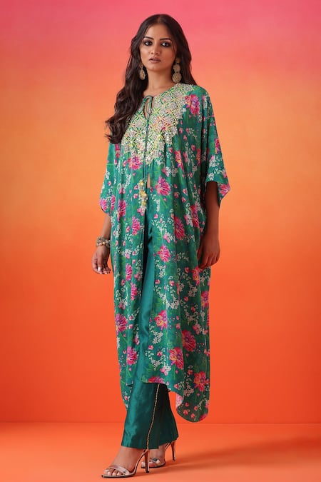 Buy Seema Thukral Green Crepe, Chanderi Round Neck Floral Bloom Print Kaftan With Pant Online at Aza Fashions Buy_Seema Thukral_Green Crepe, Chanderi Round Neck Floral Bloom Print Kaftan With Pant _Online_at_Aza_Fashions