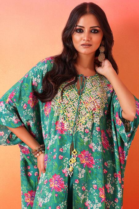 Shop Seema Thukral Green Crepe, Chanderi Round Neck Floral Bloom Print Kaftan With Pant Online at Aza Fashions Shop_Seema Thukral_Green Crepe, Chanderi Round Neck Floral Bloom Print Kaftan With Pant _Online_at_Aza_Fashions