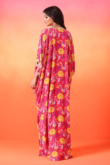 Seema Thukral Pink Crepe, Satin V-neck Flower Bloom Print Kaftan Online at Aza Fashions Seema Thukral_Pink Crepe, Satin V-neck Flower Bloom Print Kaftan _Online_at_Aza_Fashions