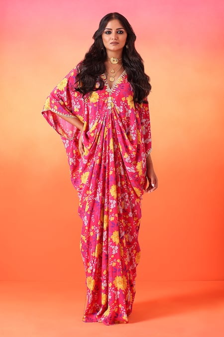 Buy Seema Thukral Pink Crepe, Satin V-neck Flower Bloom Print Kaftan Online at Aza Fashions Buy_Seema Thukral_Pink Crepe, Satin V-neck Flower Bloom Print Kaftan _Online_at_Aza_Fashions