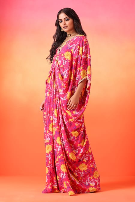 Shop Seema Thukral Pink Crepe, Satin V-neck Flower Bloom Print Kaftan Online at Aza Fashions Shop_Seema Thukral_Pink Crepe, Satin V-neck Flower Bloom Print Kaftan _Online_at_Aza_Fashions