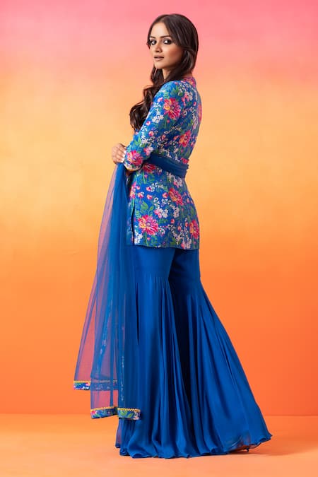 Shop Seema Thukral Blue Crepe, Georgette, Net Embroidery Round Floral Print Kurta And Gharara Set at Aza Fashions Shop_Seema Thukral_Blue Crepe, Georgette, Net Embroidery Round Floral Print Kurta And Gharara Set _at_Aza_Fashions