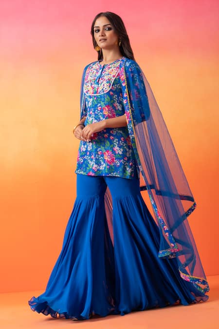 Seema Thukral Blue Crepe, Georgette, Net Embroidery Round Floral Print Kurta And Gharara Set Online at Aza Fashions Seema Thukral_Blue Crepe, Georgette, Net Embroidery Round Floral Print Kurta And Gharara Set _Online_at_Aza_Fashions