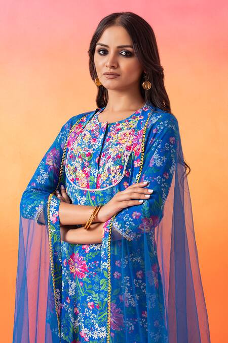 Buy Seema Thukral Blue Crepe, Georgette, Net Embroidery Round Floral Print Kurta And Gharara Set Online at Aza Fashions Buy_Seema Thukral_Blue Crepe, Georgette, Net Embroidery Round Floral Print Kurta And Gharara Set _Online_at_Aza_Fashions