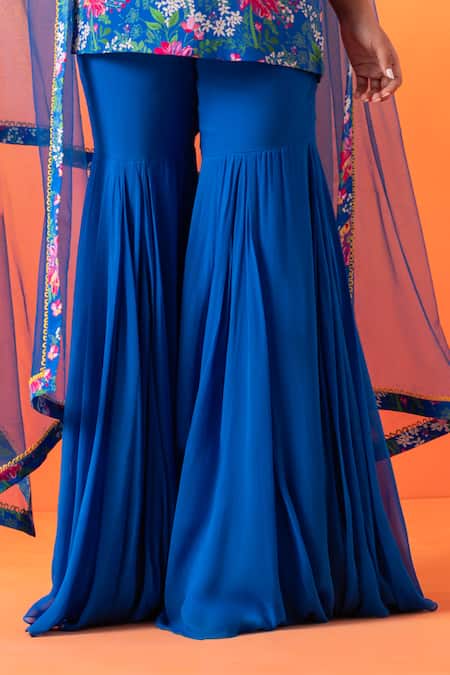 Shop Seema Thukral Blue Crepe, Georgette, Net Embroidery Round Floral Print Kurta And Gharara Set Online at Aza Fashions Shop_Seema Thukral_Blue Crepe, Georgette, Net Embroidery Round Floral Print Kurta And Gharara Set _Online_at_Aza_Fashions