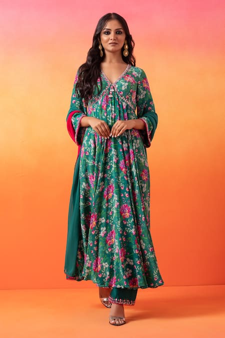 Buy Seema Thukral Green Georgette, Chanderi, Crepe Embroidery V-neck Emerald Floral Anarkali Set Online at Aza Fashions Buy_Seema Thukral_Green Georgette, Chanderi, Crepe Embroidery V-neck Emerald Floral Anarkali Set _Online_at_Aza_Fashions