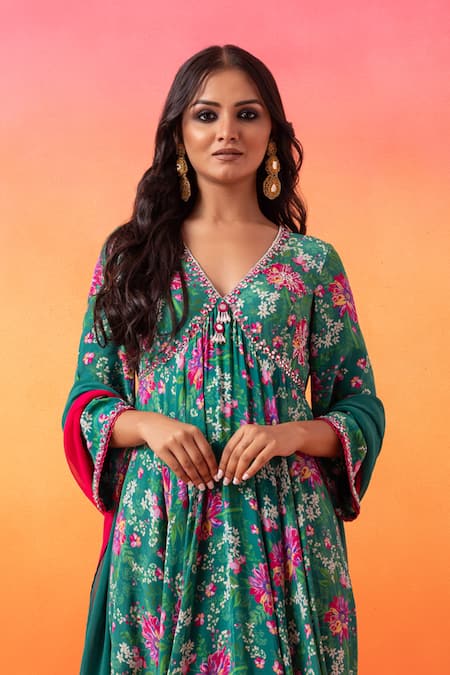 Shop Seema Thukral Green Georgette, Chanderi, Crepe Embroidery V-neck Emerald Floral Anarkali Set Online at Aza Fashions Shop_Seema Thukral_Green Georgette, Chanderi, Crepe Embroidery V-neck Emerald Floral Anarkali Set _Online_at_Aza_Fashions