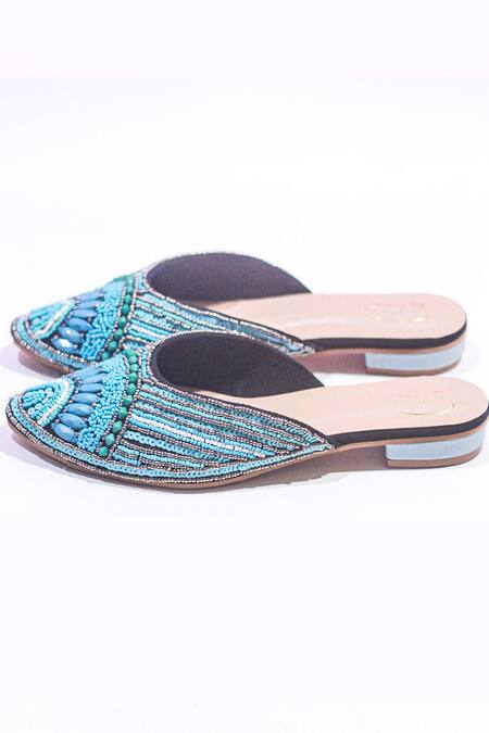 Soleart_Blue Embroidery Bead Hand Mules_Online_at_Aza_Fashions