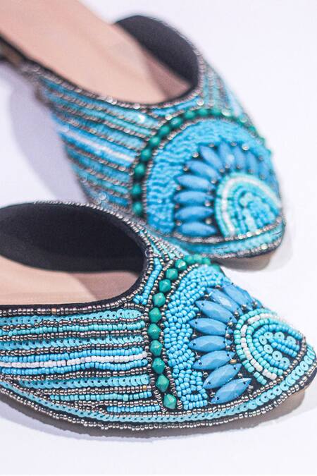 Buy_Soleart_Blue Embroidery Bead Hand Mules_Online_at_Aza_Fashions