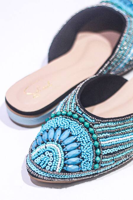 Shop_Soleart_Blue Embroidery Bead Hand Mules_Online_at_Aza_Fashions
