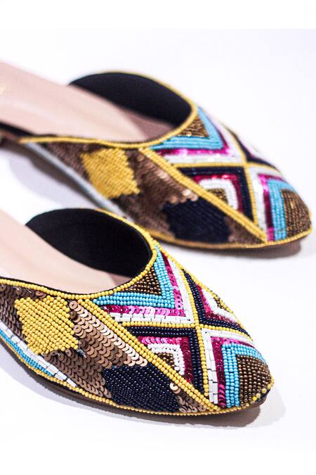Buy_Soleart_White Embroidery Kaleidoscope Sequin Mules _Online_at_Aza_Fashions