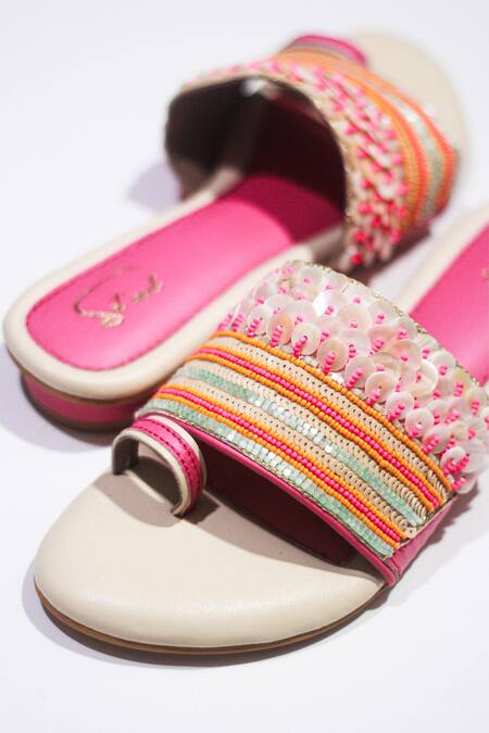 Buy Pink Embroidery Oceanic Faery Sequin Sliders by Soleart Online