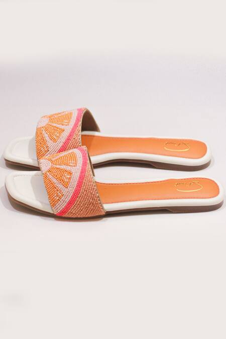 Soleart_Orange Embroidery Bead Square Toe Sliders_Online_at_Aza_Fashions