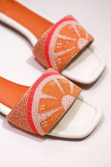 Buy_Soleart_Orange Embroidery Bead Square Toe Sliders_Online_at_Aza_Fashions