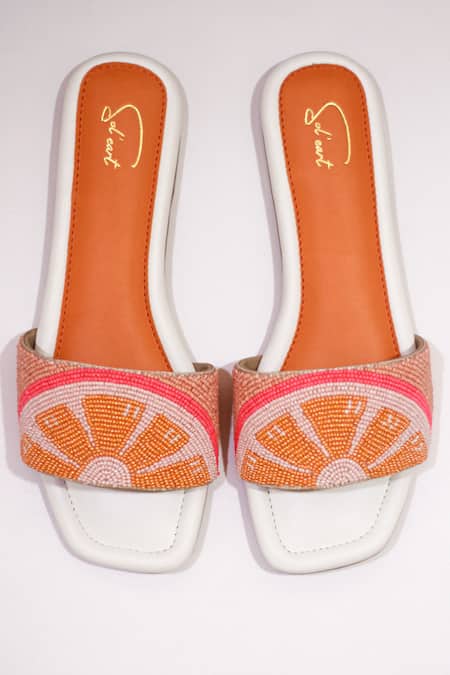 Shop_Soleart_Orange Embroidery Bead Square Toe Sliders_at_Aza_Fashions